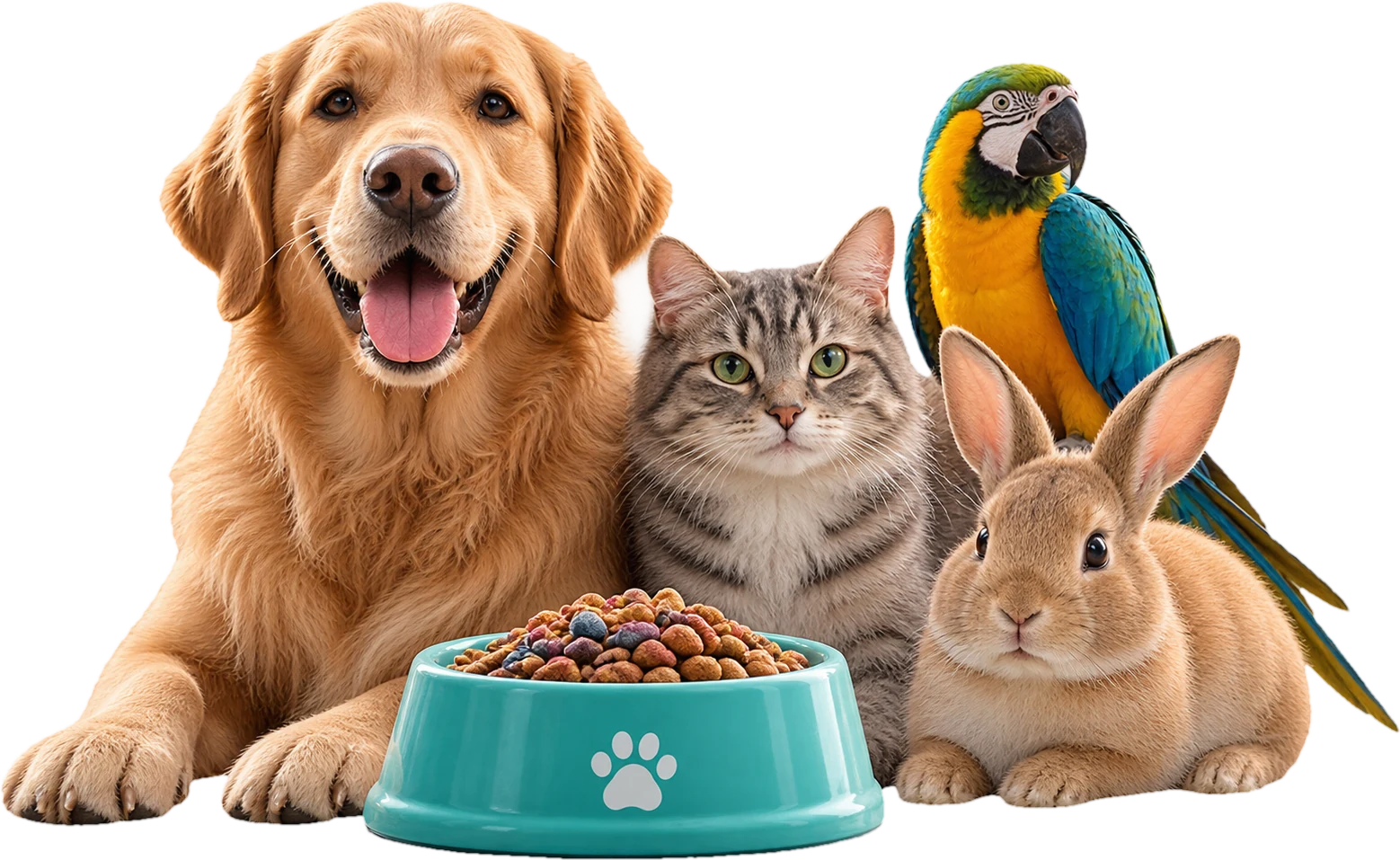 A dog, a cat, a parrot and a rabbit round a bowl